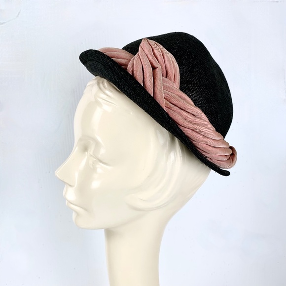 1940-50s Easter Hat New York Creations Navy Blue Straw Pink Satin Twist Trim main image 5